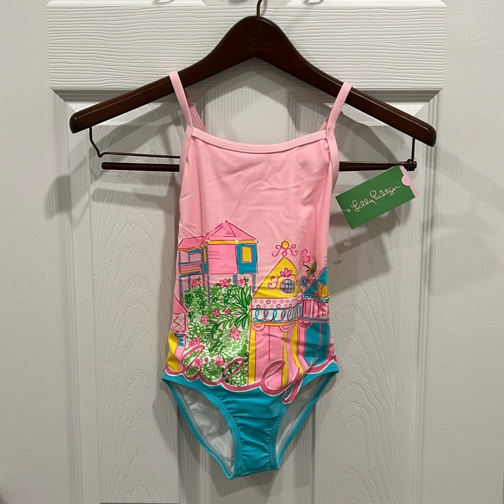 RARE NWT Lilly Pulitzer Girls Grettle Swimsuit Border Size 7 Multi Havana Cabana